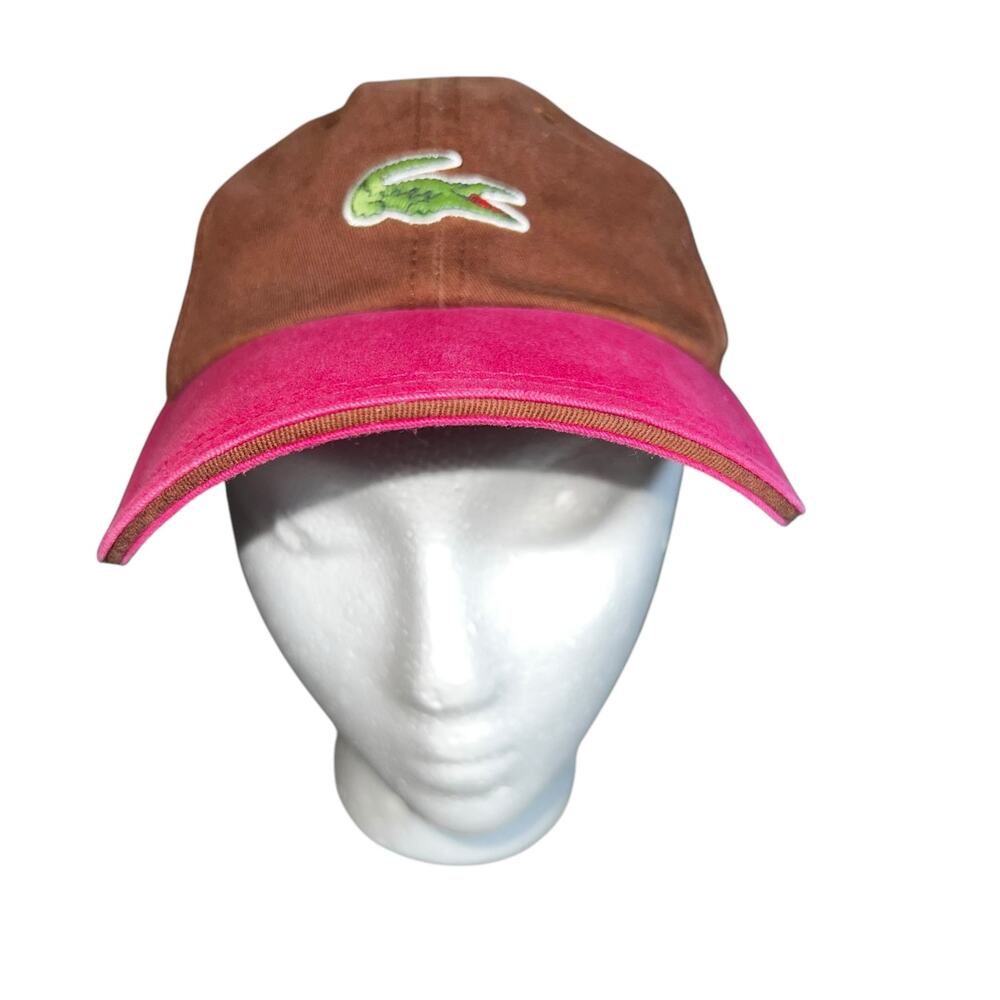 Vintage Lacoste cotton Brown Pink Strap Back Dad Hat Cap Logo Green Crocodile